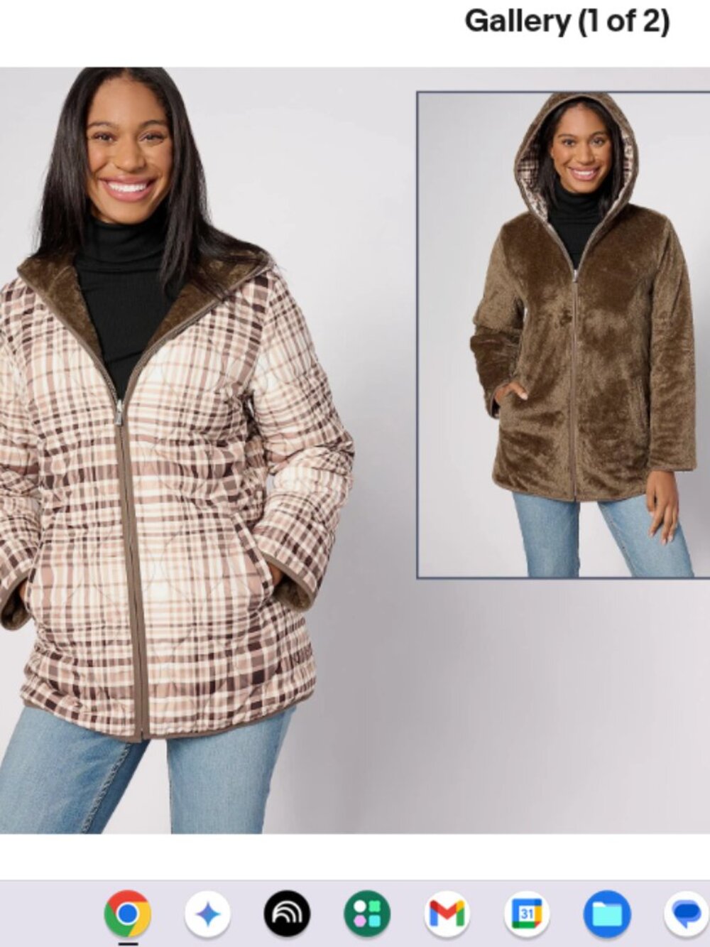 Susan Graver Reversible Woven & Plush Fleece Jacket-Taupe/Plaid-Small-A620230